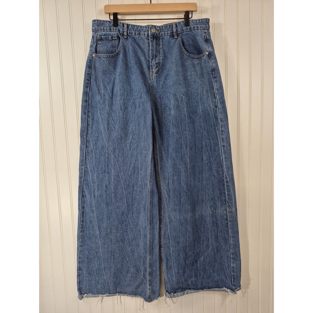 Misslook Women 3XL Extra Wide Leg Denim Raw Hem High Rise Pants Med Wash 37x33